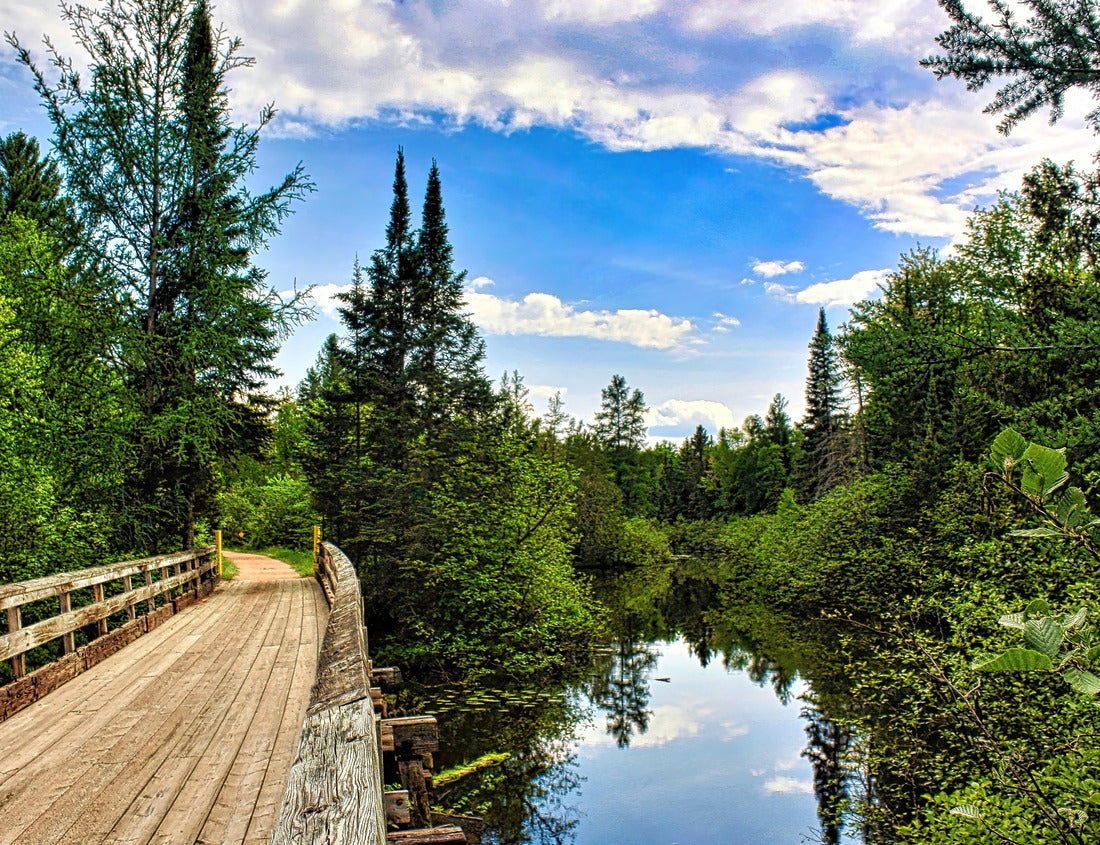 Noah Jigsaw Puzzle A curving wooden bridge oases alonmgside a river and through a lush green forest on the Bearskin Trail in Northern Wisconsin 1000 pieces