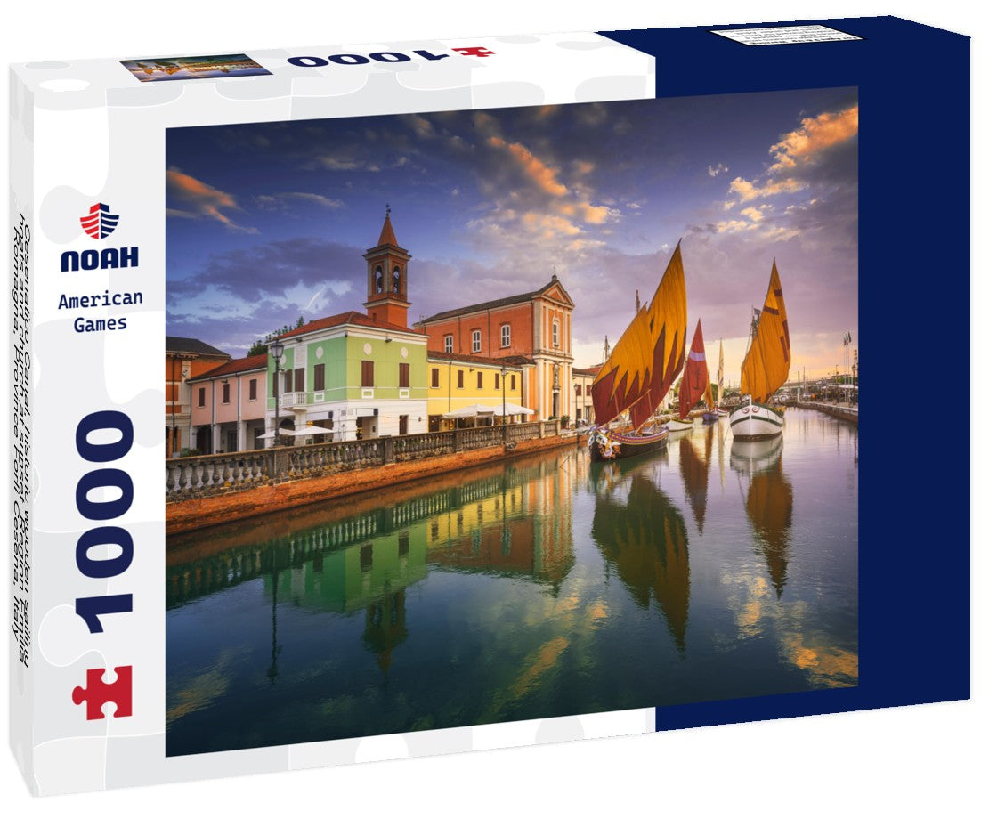 Noah Jigsaw Puzzle Cesenatico Canal, historic wooden sailing boats and church at sunset. Region Emilia Romagna, Province Forlì Cesena, Italy 1000 pieces