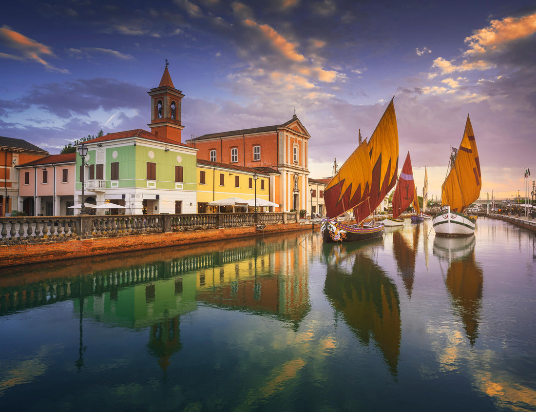 Noah Jigsaw Puzzle Cesenatico Canal, historic wooden sailing boats and church at sunset. Region Emilia Romagna, Province Forlì Cesena, Italy 1000 pieces