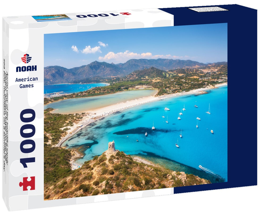 Noah Jigsaw Puzzle Aerial view of the beautiful sandy beach, ancient tower on the hill, sea bow, mountains on a summer's day. Porto Giunco in Sardinia, Italy 1000 pieces