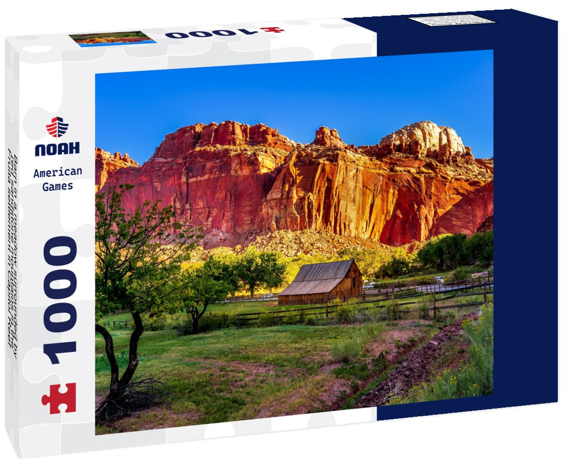 Noah Jigsaw Puzzle Barn in a meadow surrounded by red sandstone mountains in the Fruita settlement in Capitol Reef National Park, Utah, USA 1000 pieces