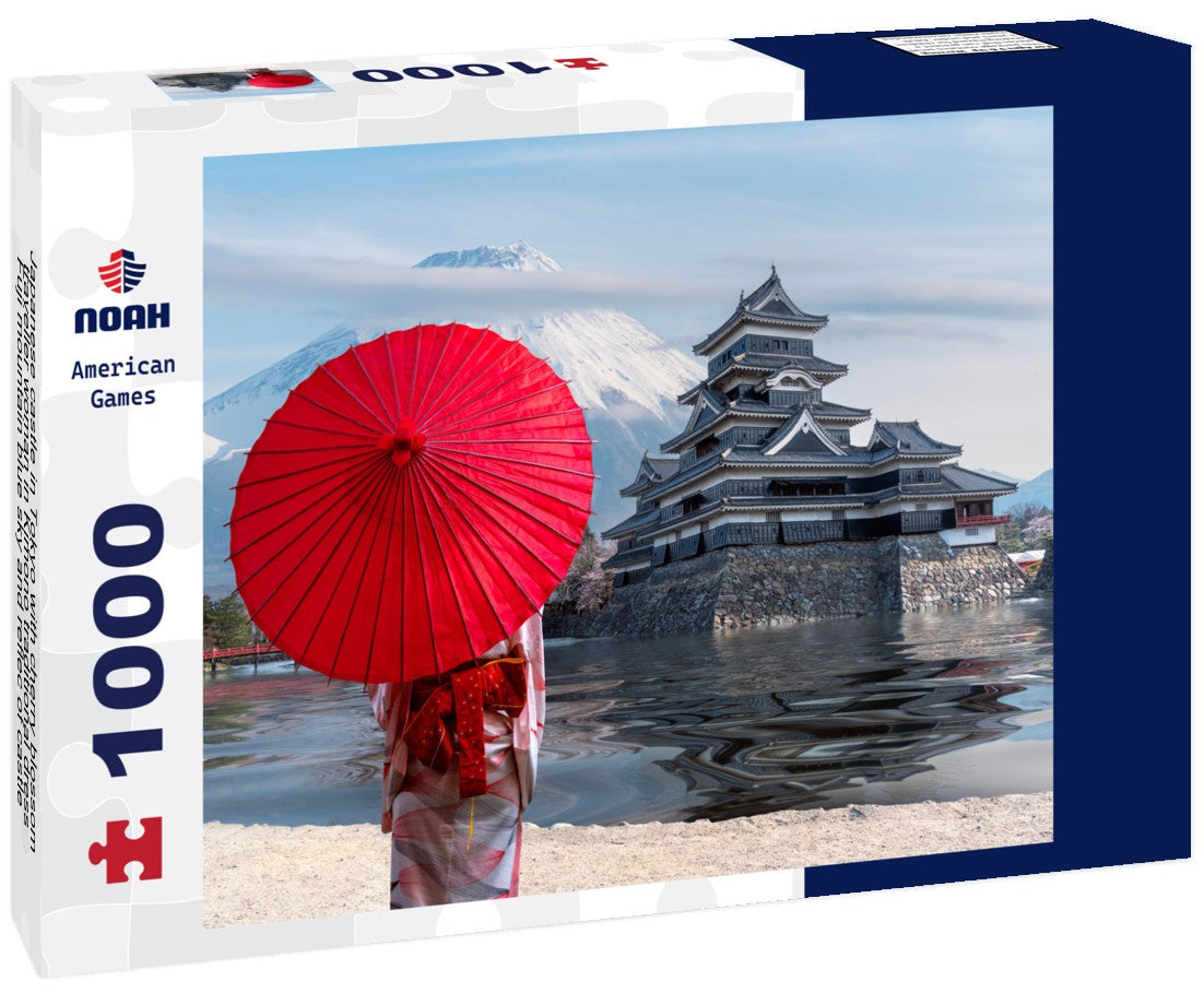 Noah Jigsaw Puzzle Japanese castle in Tokyo with cherry blossom, traveller woman in Kimono traditional dress, Fuji mountain blue sky and reflec of castle in river, Tokyo city, Japan 1000 pieces