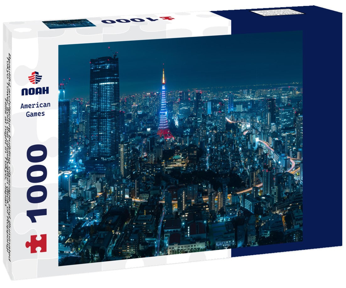 Noah Jigsaw Puzzle Beautiful architecture building cityscape and illuminated Tokyo Tower from the observation deck of Roppongi Hills at night in Tokyo, Japan 1000 pieces