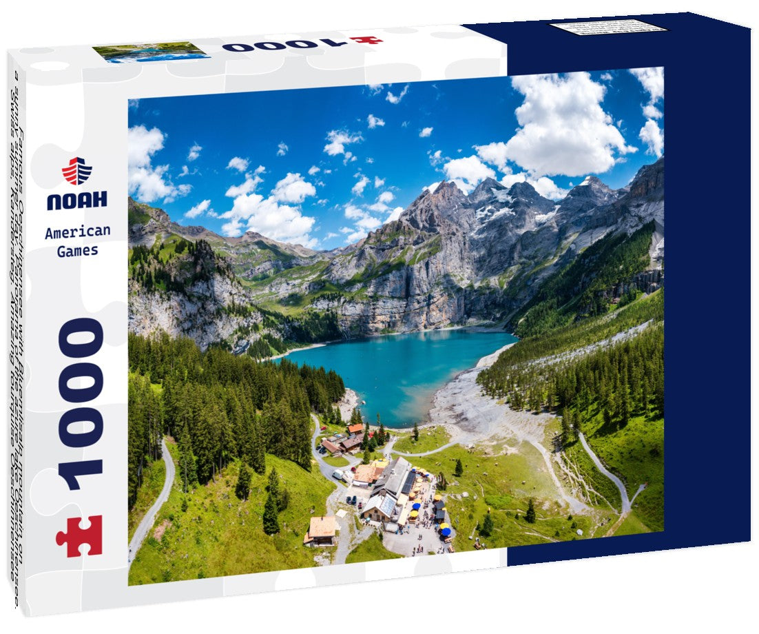 Noah Jigsaw Puzzle Famous Oeschinensee with Bluemlisalp mountain on a sunny summer day. Panorama of the azure lake Oeschinensee. Swiss alps, Kandersteg. Amazing tourquise Oeschinnensee with waterfalls, Switzerland 1000 pieces