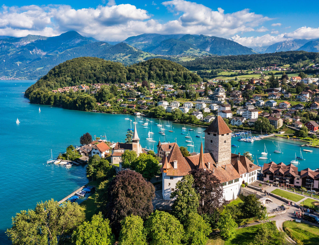 Noah Jigsaw Puzzle Aerial panorama view of the church and castle at Spiez on the shore of Lake Thun in the Swiss canton of Bern at sunset, Spiez 1000 pieces