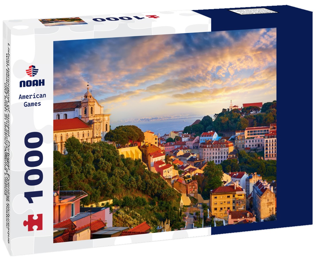 Noah Jigsaw Puzzle Lisbon panorama of sunset. Portugal. Evening picturesque with beautiful sky and sunny light at houses historic old town in district Alfama Lisboa 1000 pieces