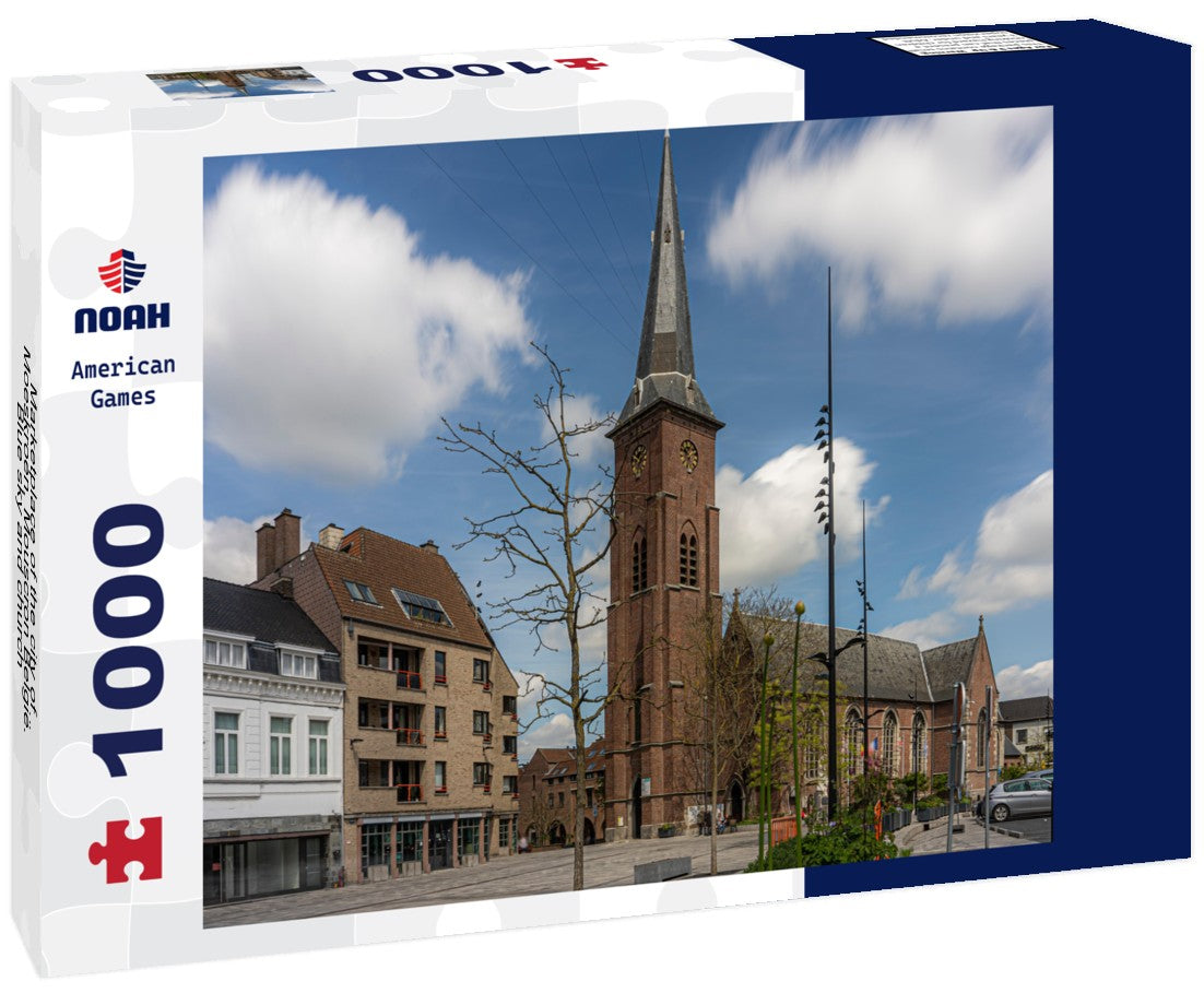 Noah Jigsaw Puzzle Marketplace of the city of Moeskroen, Mouscron België. Blue sky and church 1000 pieces