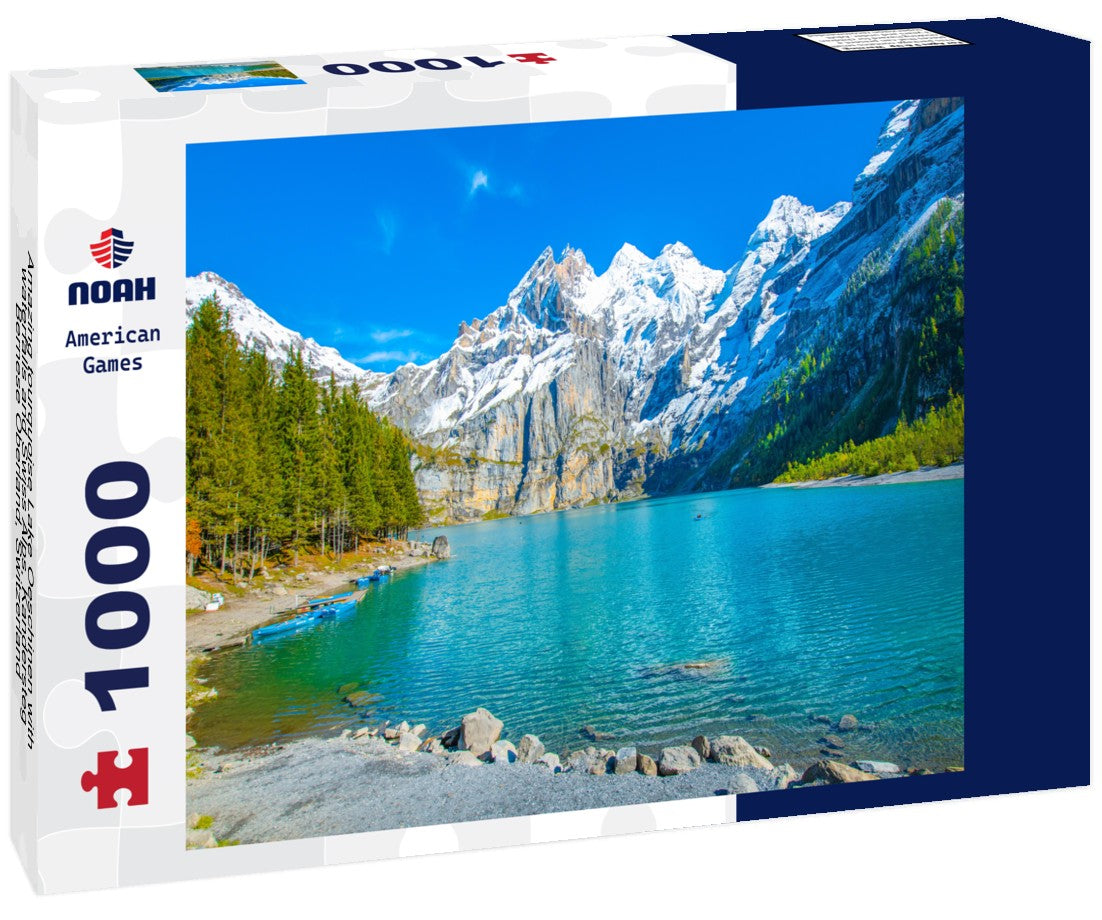 Noah Jigsaw Puzzle Amazing tourquoise Lake Oeschinen with waterfalls and Swiss Alps, Kandersteg, Bernese Oberland, Switzerland 1000 pieces