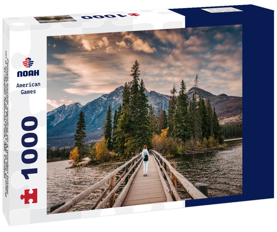 Noah Jigsaw Puzzle Female tourists standing on a wooden bridge on a small island at Pyramid Lake in the evening in Jasper National Park, AB, Canada 1000 pieces
