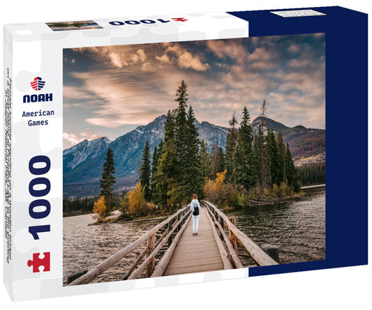 Noah Jigsaw Puzzle Female tourists standing on a wooden bridge on a small island at Pyramid Lake in the evening in Jasper National Park, AB, Canada 1000 pieces