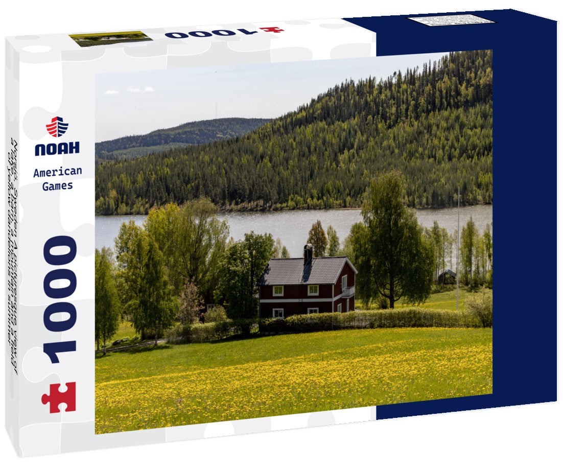 Noah Jigsaw Puzzle Norsjö, Sweden A picturesque view of a lake, a barn, a mountain and a field of yellow dandelions in summer 1000 pieces