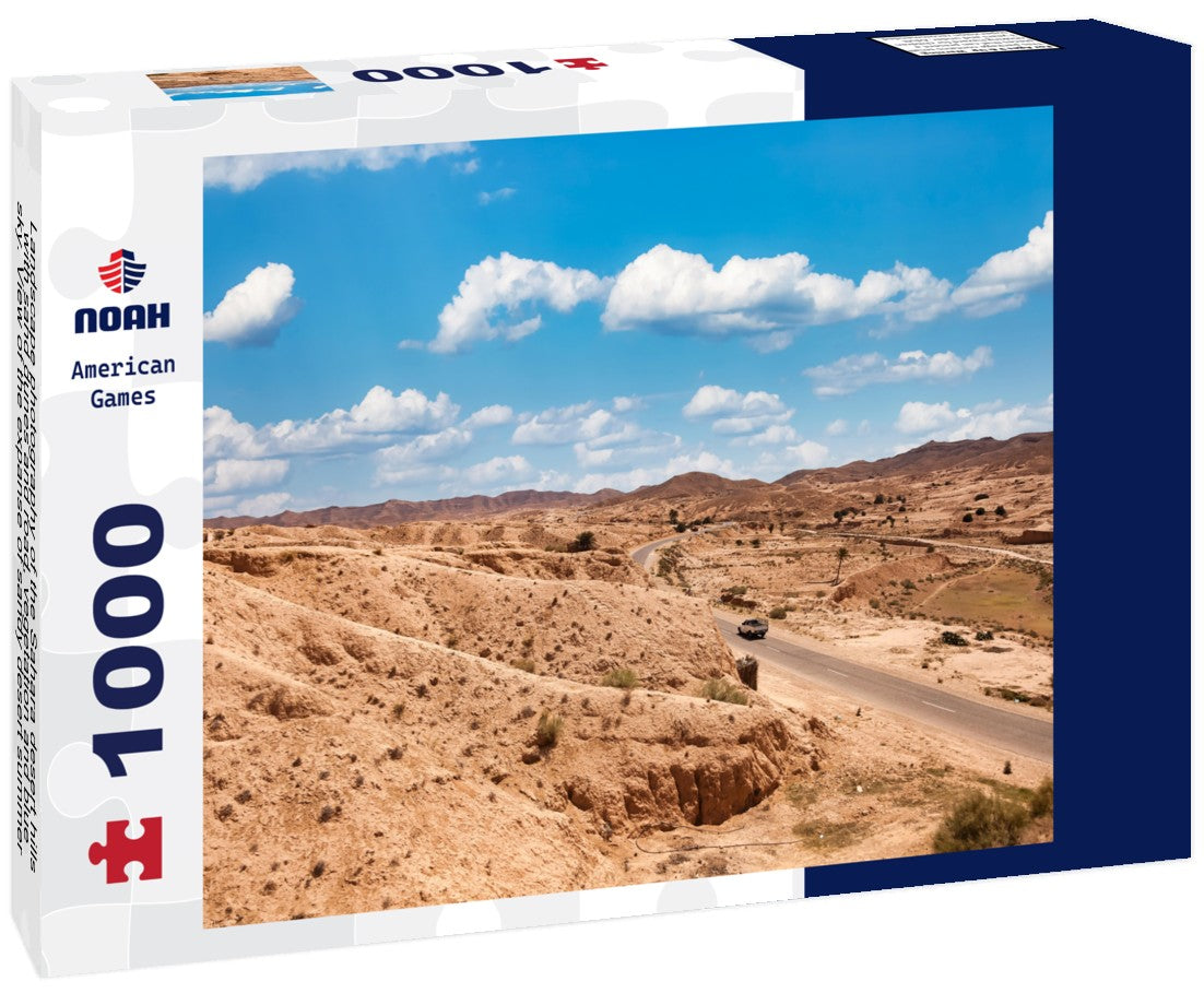Noah Jigsaw Puzzle Landscape photography of the Sahara desert hills with sand dunes and road, vegetation and blue sky. View of the expanse of sandy desert summer sunny day, Sahara, Tozeur, Tunisia 1000 pieces