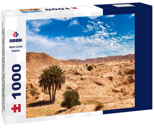 Noah Jigsaw Puzzle Landscape photography of the Sahara desert hills with sand dunes and palm trees, vegetation and blue sky. View of the expanse of sandy desert summer sunny day, Sahara, Tozeur, Tunisia 1000 pieces