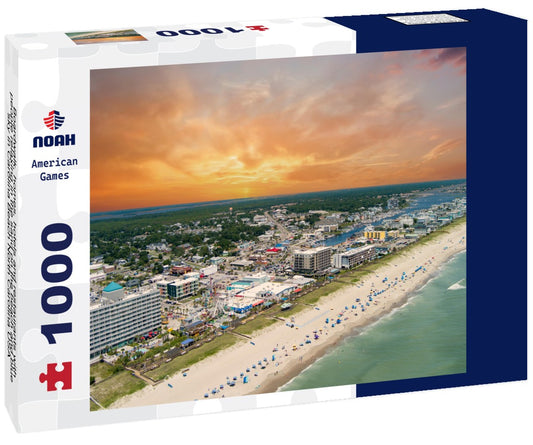 Noah Jigsaw Puzzle Boardwalk, homes, hotels and restaurants with people relaxing in the sand on the beach and blue sky in Carolina Beach North Carolina USA 1000 pieces