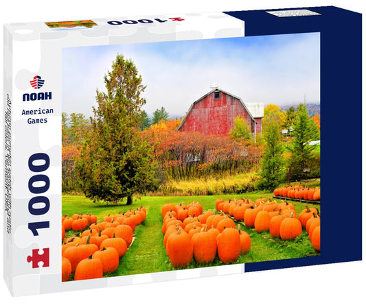 Noah Jigsaw Puzzle Autumn pumpkin patch with rustic old red barn in the background and fall colors, Vermont, USA 1000 pieces