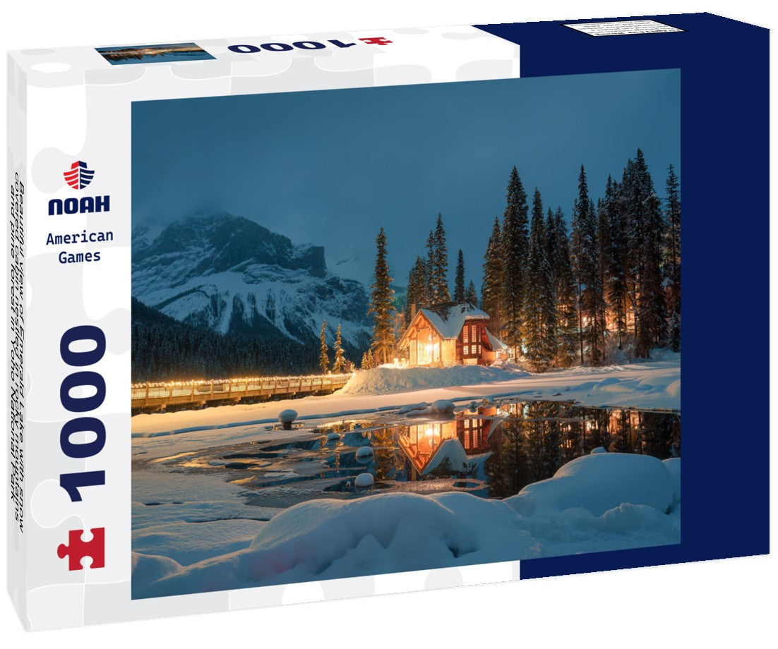 Noah Jigsaw Puzzle Beautiful view of Emerald Lake with snow-covered cabin nestled in rocky mountains and pine forest in Yoho National Park, British Columbia, Canada 1000 pieces