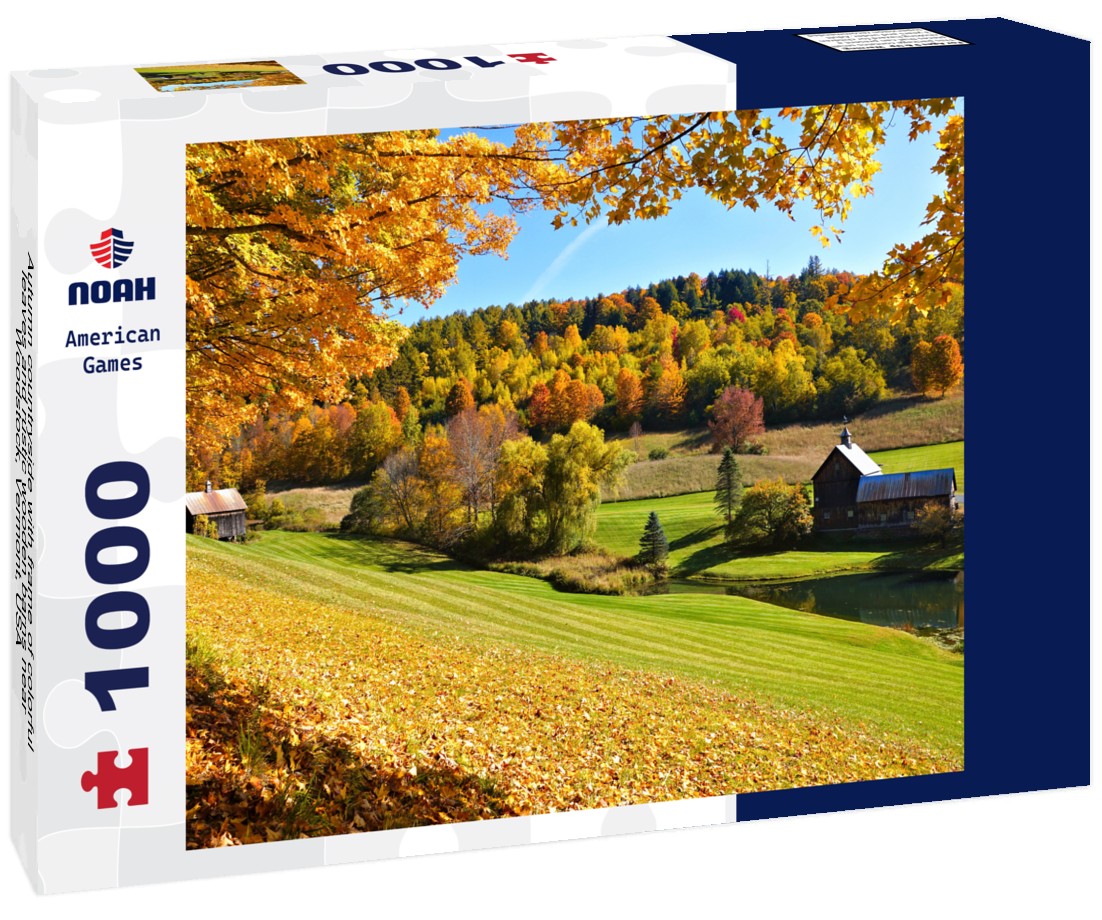 Noah Jigsaw Puzzle Autumn countryside with frame of colorful leaves and rustic wooden barns near Woodstock, Vermont, USA 1000 pieces