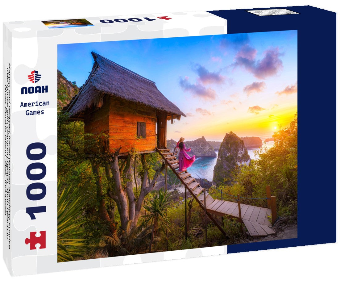 Noah Jigsaw Puzzle Happy and relaxed travel woman watching sunrise, tree house with diamond beach, Atuh beach in Nusa Penida island, Bali, Indonesia 1000 pieces