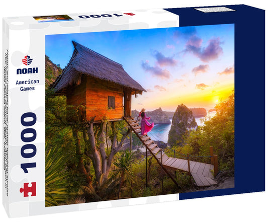 Noah Jigsaw Puzzle Happy and relaxed travel woman watching sunrise, tree house with diamond beach, Atuh beach in Nusa Penida island, Bali, Indonesia 1000 pieces
