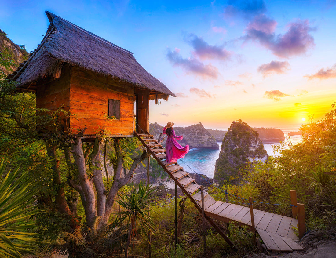Noah Jigsaw Puzzle Happy and relaxed travel woman watching sunrise, tree house with diamond beach, Atuh beach in Nusa Penida island, Bali, Indonesia 1000 pieces