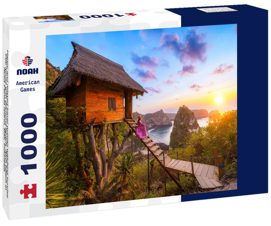 Noah Jigsaw Puzzle Happy and relaxed travel woman watching sunrise, tree house with diamond beach, Atuh beach in Nusa Penida island, Bali, Indonesia 1000 pieces