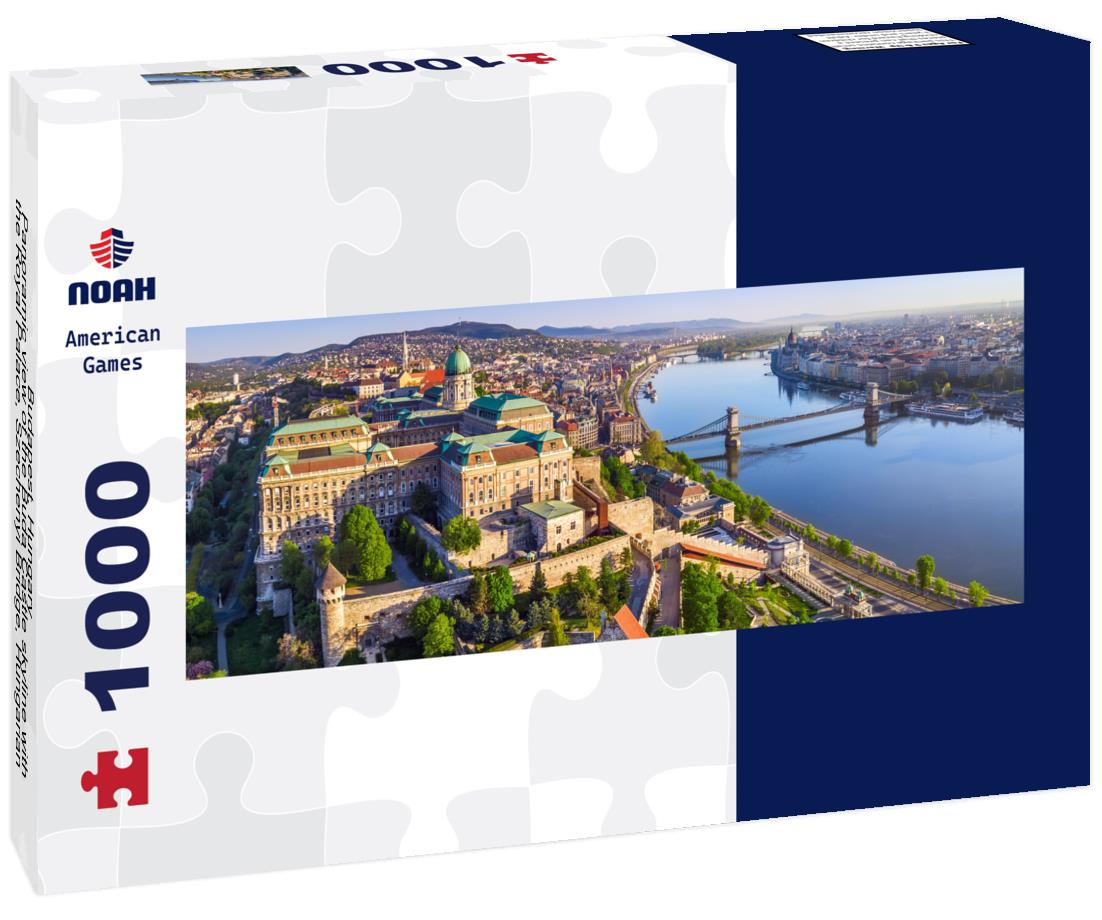 Noah Jigsaw Puzzle Budapest, Hungary - Panoramic view of the Buda Castle skyline with the Royal Palace, Szechenyi Bridge, Hungarian Parliament and Matthias Church at sunrise and clear blue sky Panorama 1000 Pieces