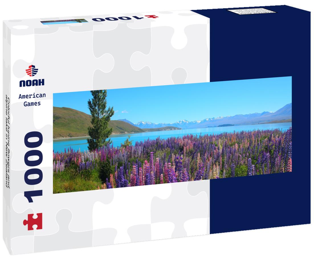 Noah Jigsaw Puzzle Colorful lupine flowers and alpine lake in New Zealand Panorama 1000 Pieces