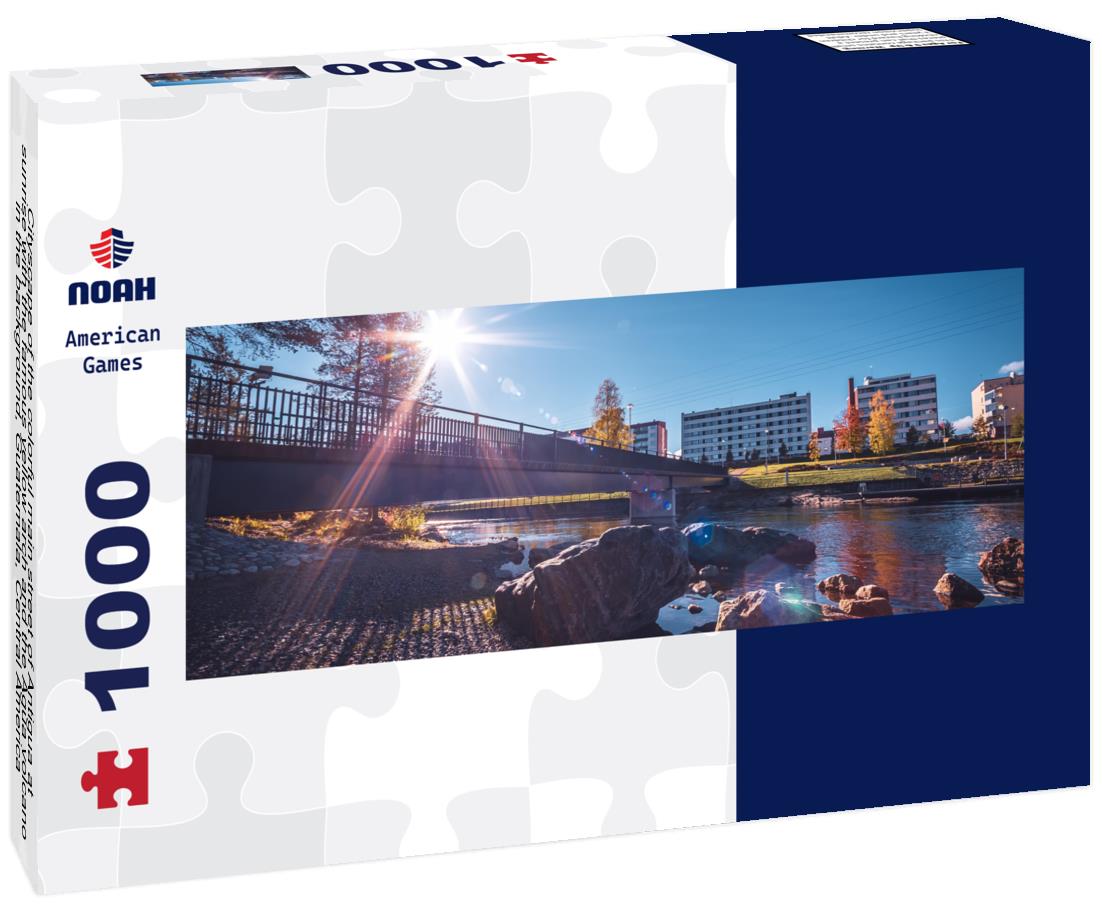 Noah Jigsaw Puzzle Cityscape of the colorful main street of Antigua at sunrise with the famous yellow arch and the Agua volcano in the background, Guatemala, Central America Panorama 1000 Pieces