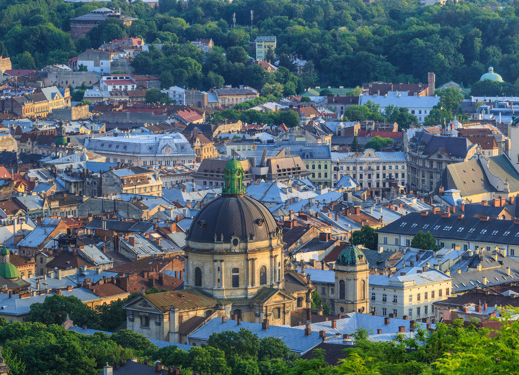View of the city of Lviv from the High Castle Park at sunset
