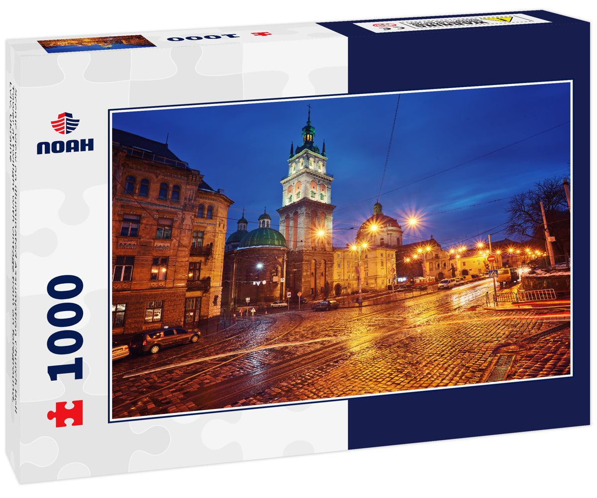 Scenic view on illuminated Assumption Church Bell Tower at twilight with vintage tram on foreground, Lviv, Ukraine