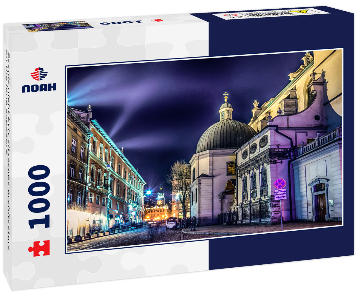 Scenic night Lviv cityscape architecture on the long exposure