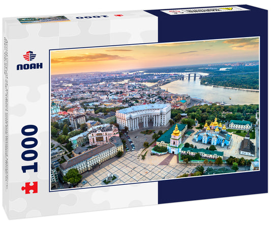 Aerial view of St. Michael Golden-Domed Monastery, Ministry of Foreign Affairs and the Dnieper River in Kiev, Ukraine