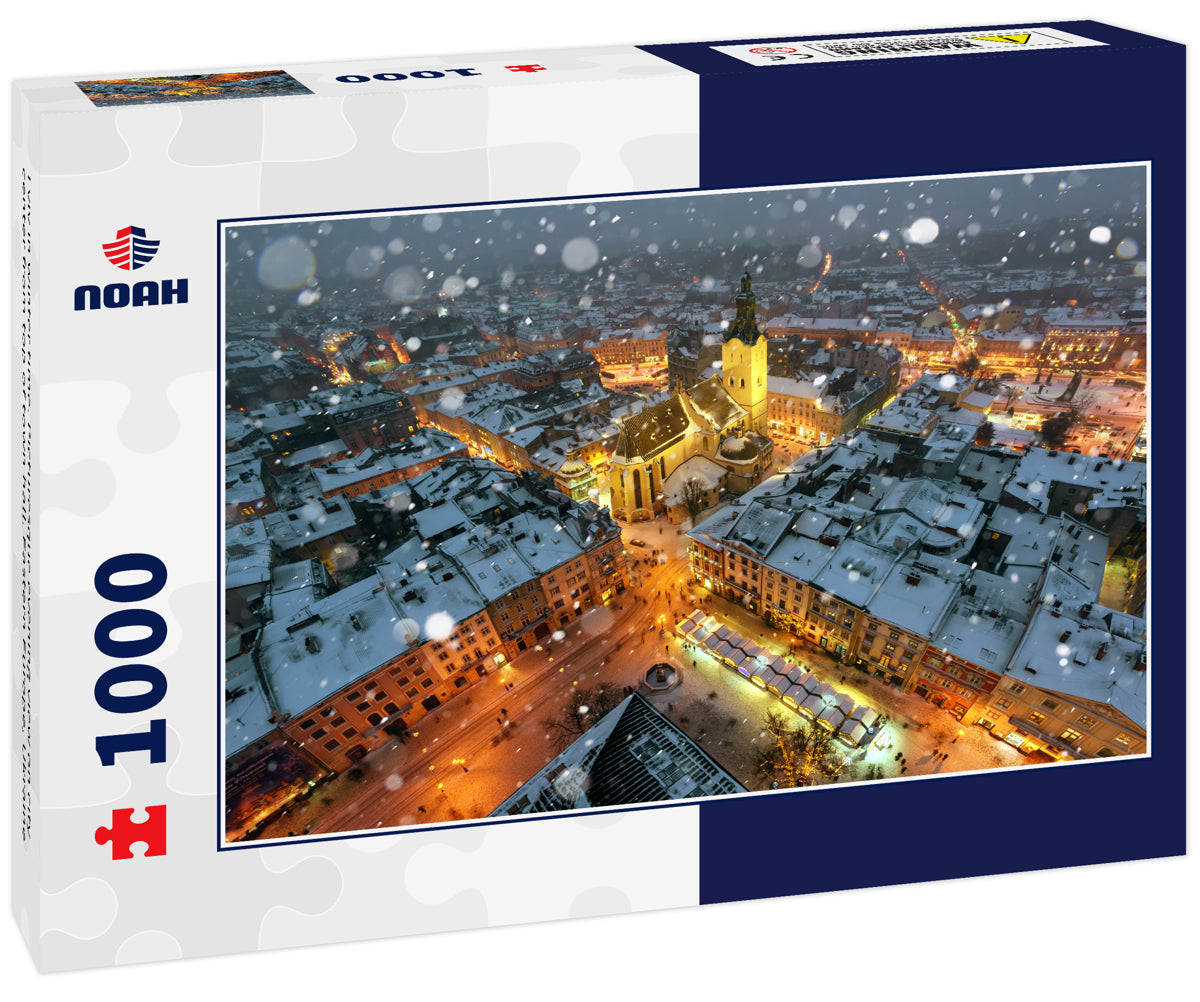 Lviv in winter time. Picturesque evening view on city center from top of town hall. Eastern Europe, Ukraine