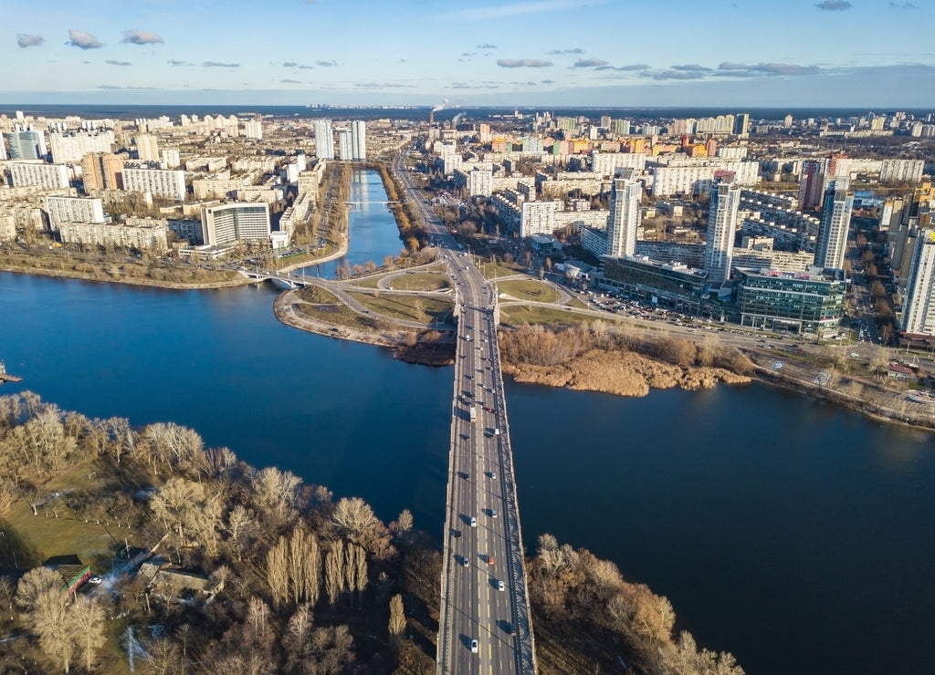 Aerial drone veiw. Kiev Paton Bridge in sunny weather