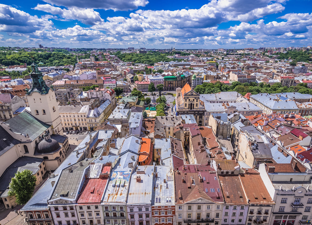 Roofs of Lviv Old Town, view from City Hall tower, Ukraine