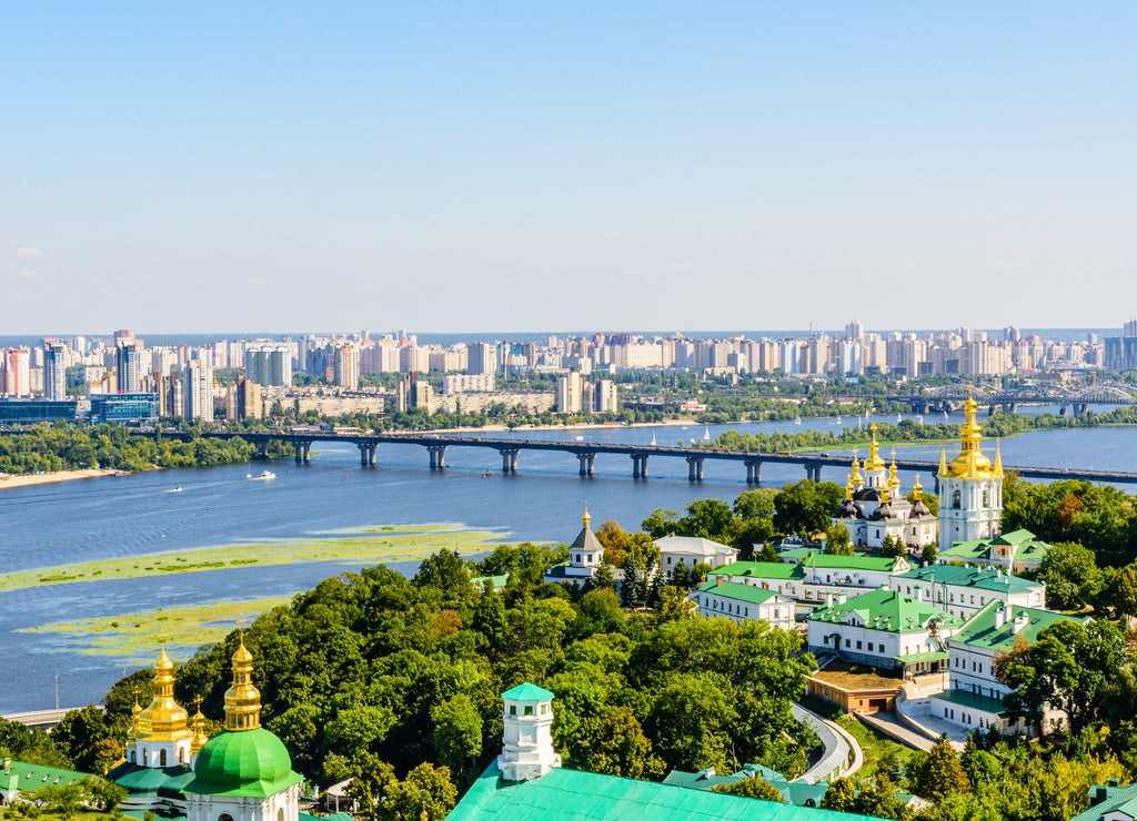 View on Church of Nativity of Blessed Virgin Mary of the Kiev Pechersk Lavra, river Dnieper and Kiev cityscape