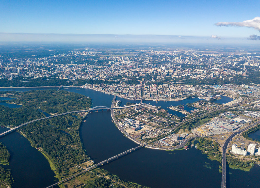 High view of the Dnieper river in Kiev. Summer sunny day