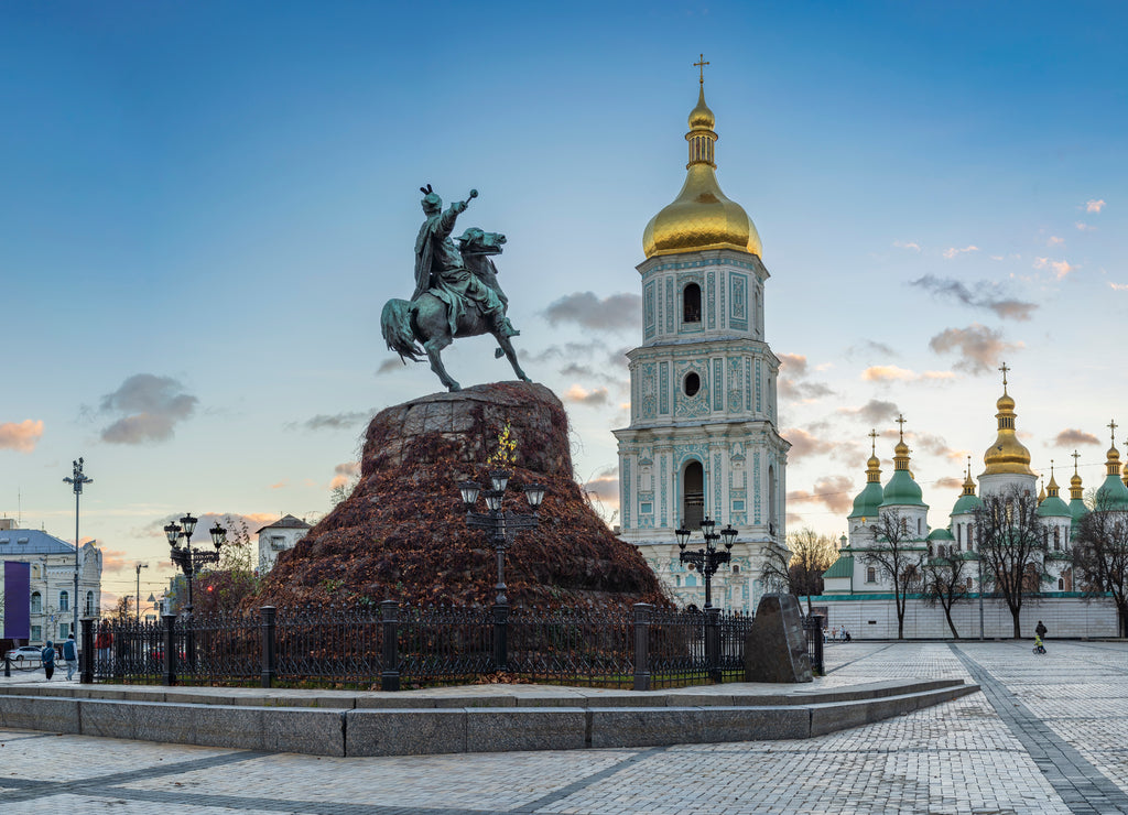 Monument to Bohdan Khmelnitsky with St. Sophia Cathedral in the background in Kiev, Ukraine