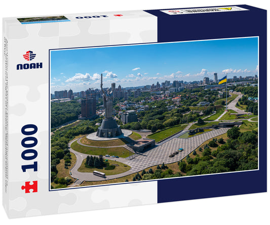 Aerial view of the Mother Motherland monument in Kiev. Historical sights of Ukraine. Beautiful scenic view of Kyiv