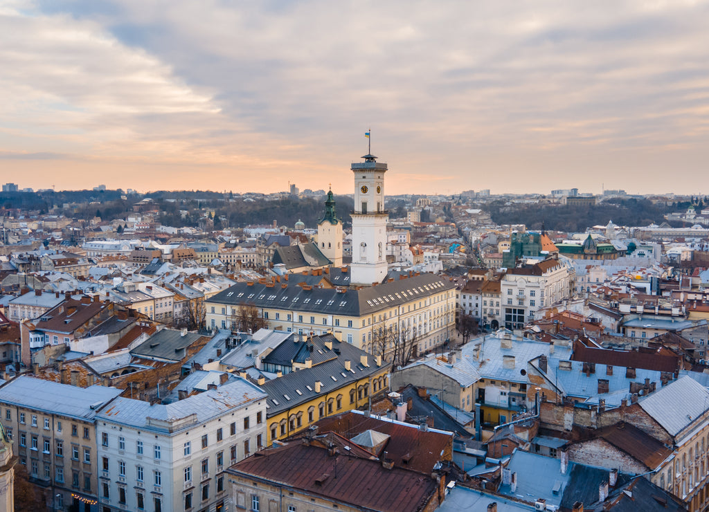 Aerial view of sunset above Lviv city