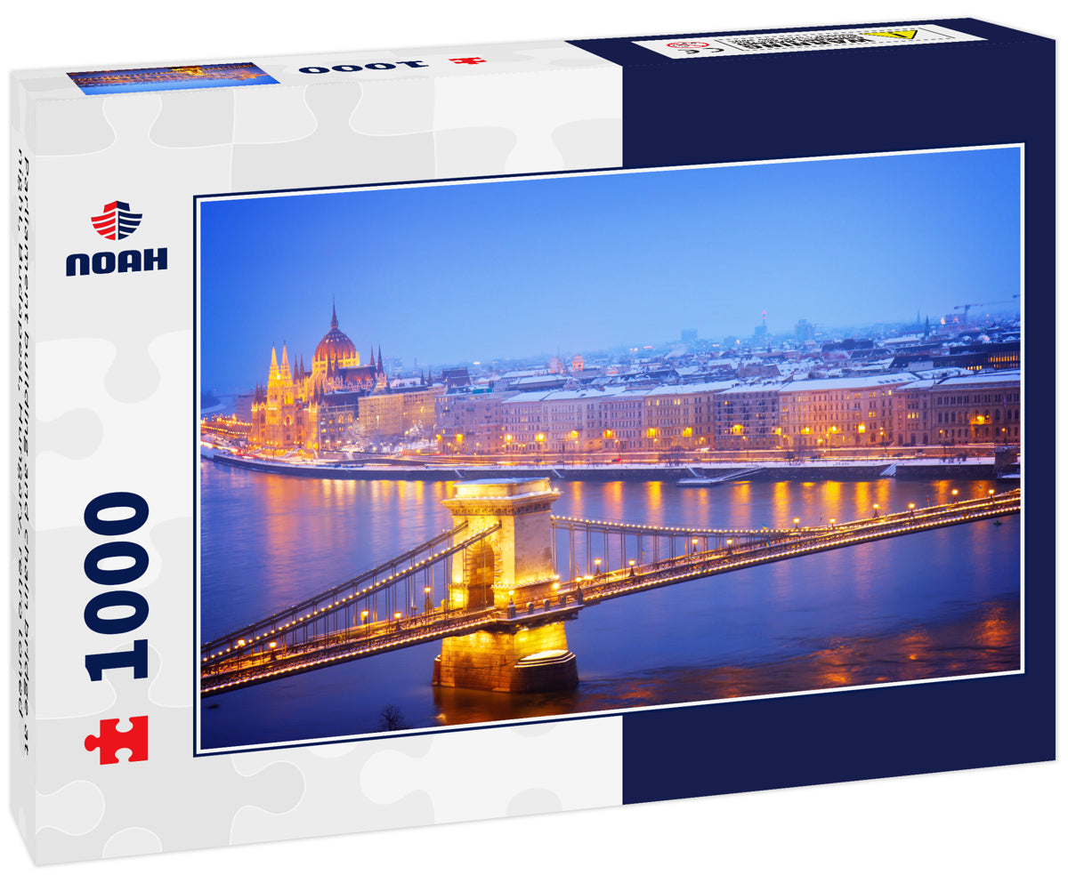 Parliament building and chain bridge at night, Budapest, Hungary, retro toned