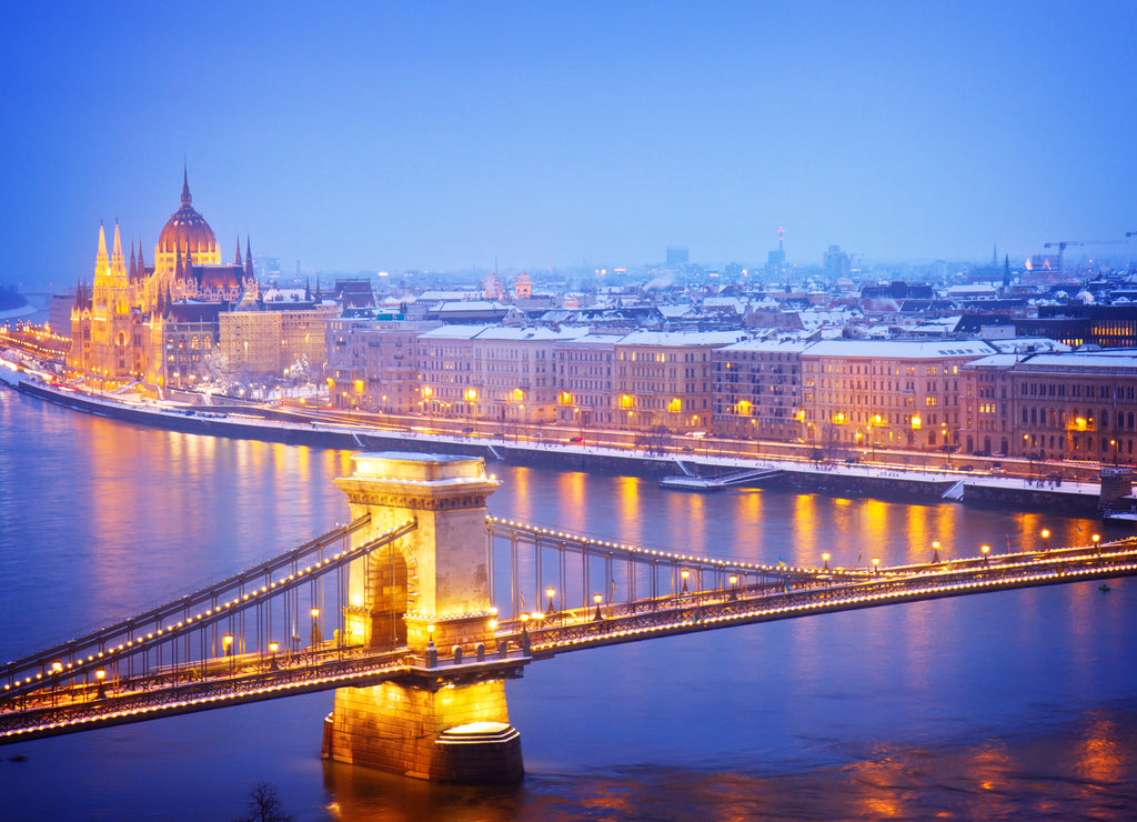 Parliament building and chain bridge at night, Budapest, Hungary, retro toned