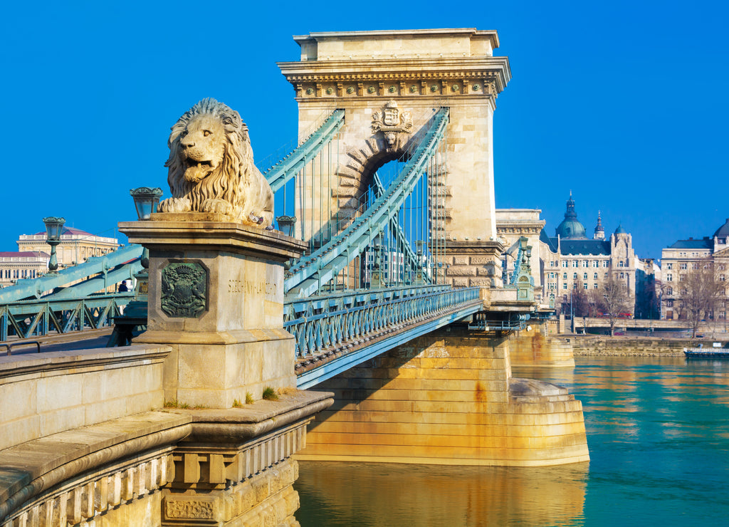 Closeup view of the historic Liberty bridge infrastructure across Danube river in Budapest, Hungary