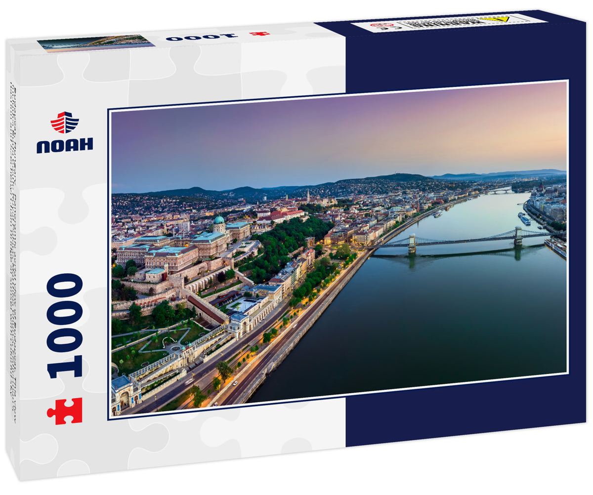 Budapest, Hungary - Panoramic aerial view of Budapest. This view includes Buda Castle Royal Palace, Matthias Churcs, Fisherman's Bastion and Szechenyi Chain Bridge at sunset with colorful sky