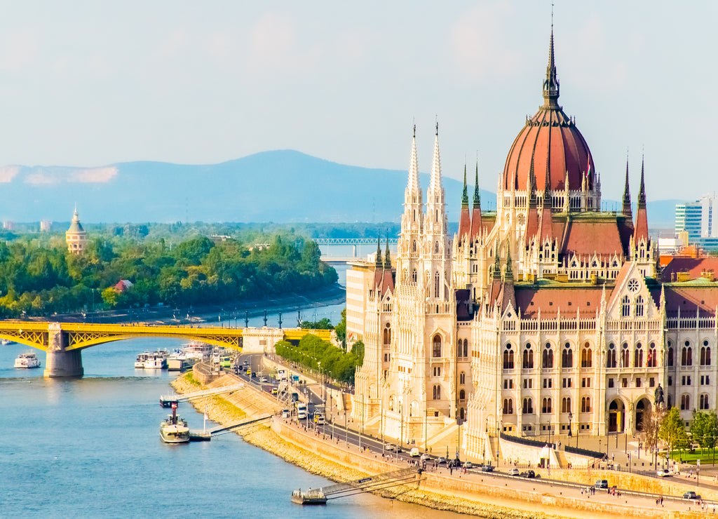 Colorful view of Parliament and Chain Bridge in Budapest city, Splendid spring cityscape of Budapest, Hungary in Europe