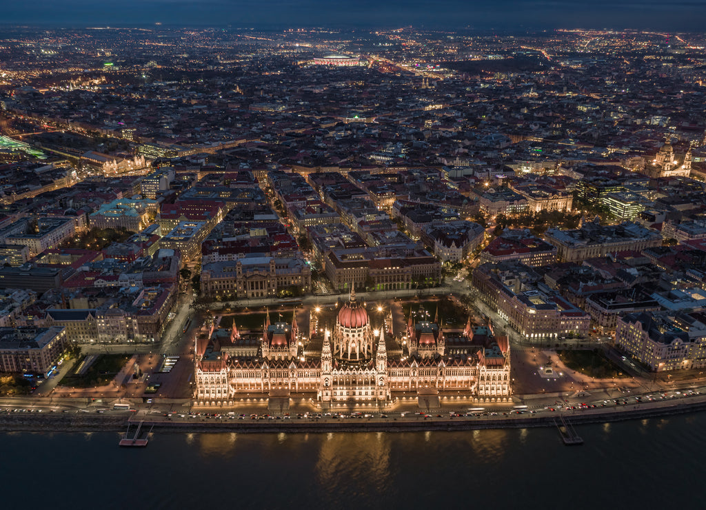Budapest, Hungary - Aerial skyline view of Budapest by night