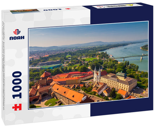 View of the historic town from the Esztergom basilica in Hungary. The Danube river and the border bridge to the town of Sturovo in Slovakia