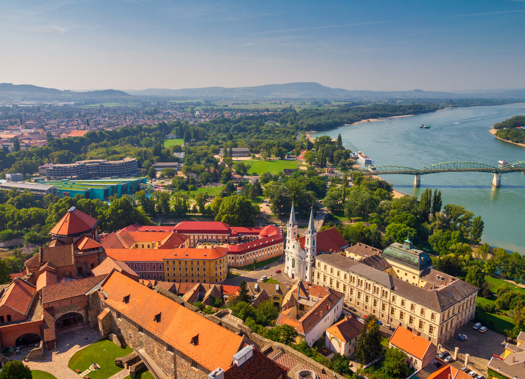 View of the historic town from the Esztergom basilica in Hungary. The Danube river and the border bridge to the town of Sturovo in Slovakia