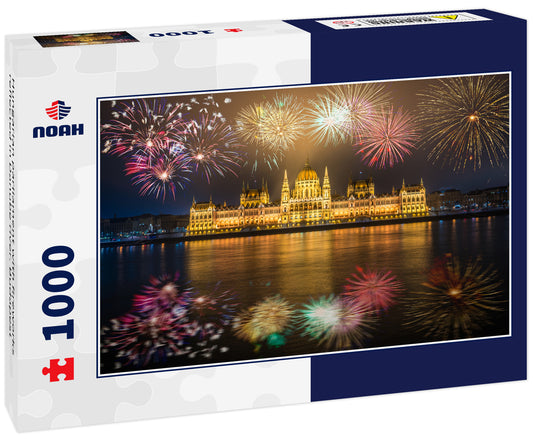 Hungarian parliament with fireworks reflected in Danube river. Budapest