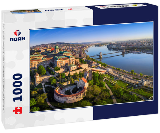 Budapest, Hungary - Aerial panoramic skyline view of Buda Castle Royal Palace with Szechenyi Chain Bridge, St.Stephen's Basilica, Parliament of Hungary and Matthias Church on a summer morning